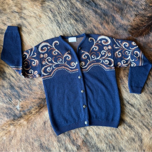 Pendleton Sweaters - Pendleton vintage blue sweater/cardigan with ornate print and gold buttons